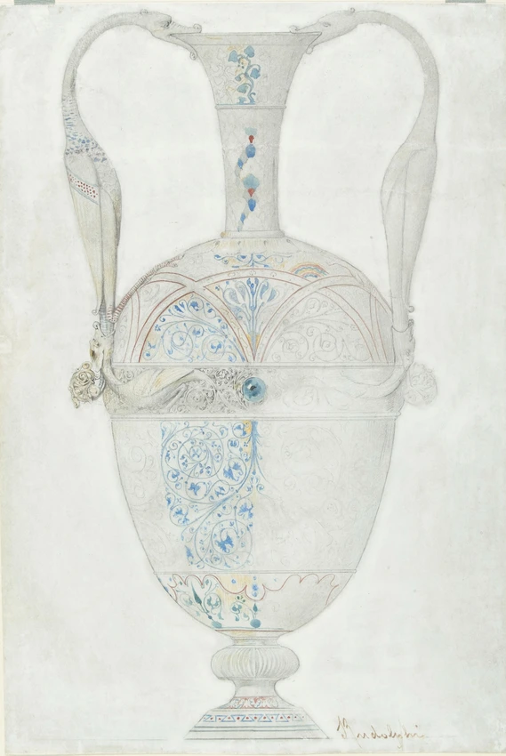 Frédéric-Jules Rudolphi - Projet de vase de style byzantin en acier repercé à jo...
