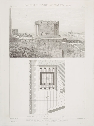 Anonyme - Temple de la Victoire aptère, vue générale, état actuel et plan restit...