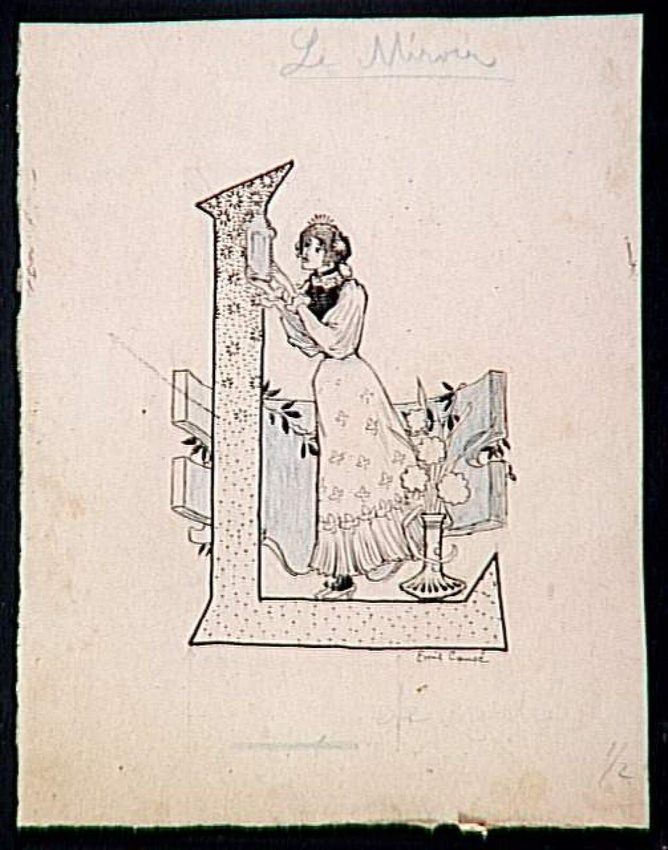 Emile Causé - Lettre ornée L, jeune femme se regardant dans un miroir