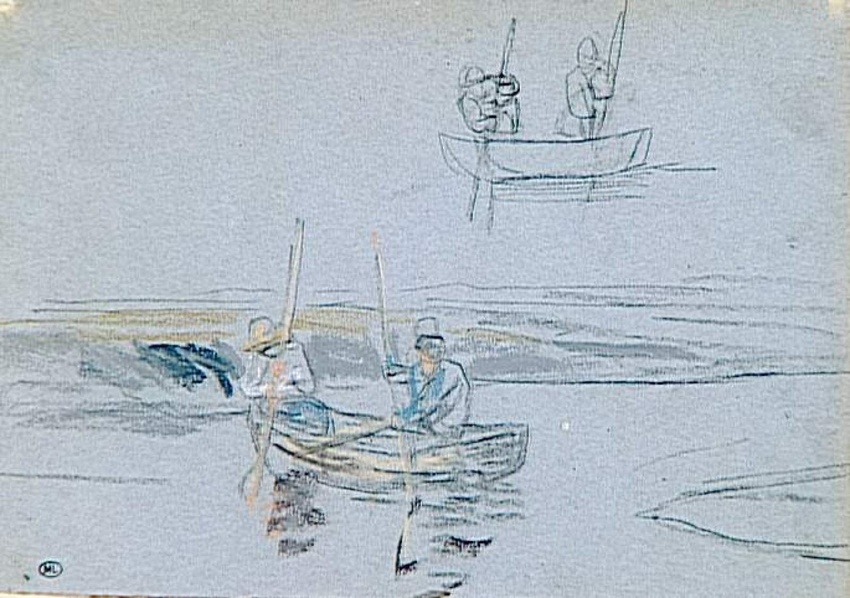 Eugène Boudin - Deux études de deux hommes manoeuvrant une barque