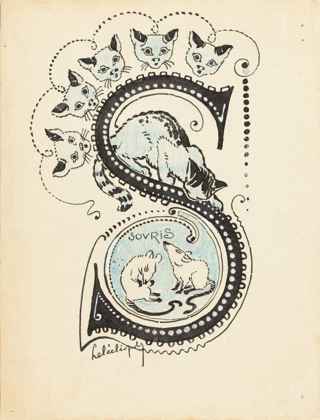 Léopold Lelée - Lettre enluminée S, représentation de souris guettées par un cha...