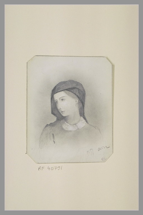 Femme en buste, vue de face, la tête coiffée d'un voile - Odilon
