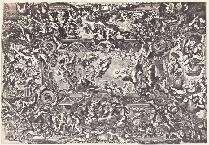 Photographie d'une gravure représentant le "Triomphe de la Divine Providence", fresque peinte par Pierre de Cortone pour le plafond du Palais Barberini, à Rome - Anonyme