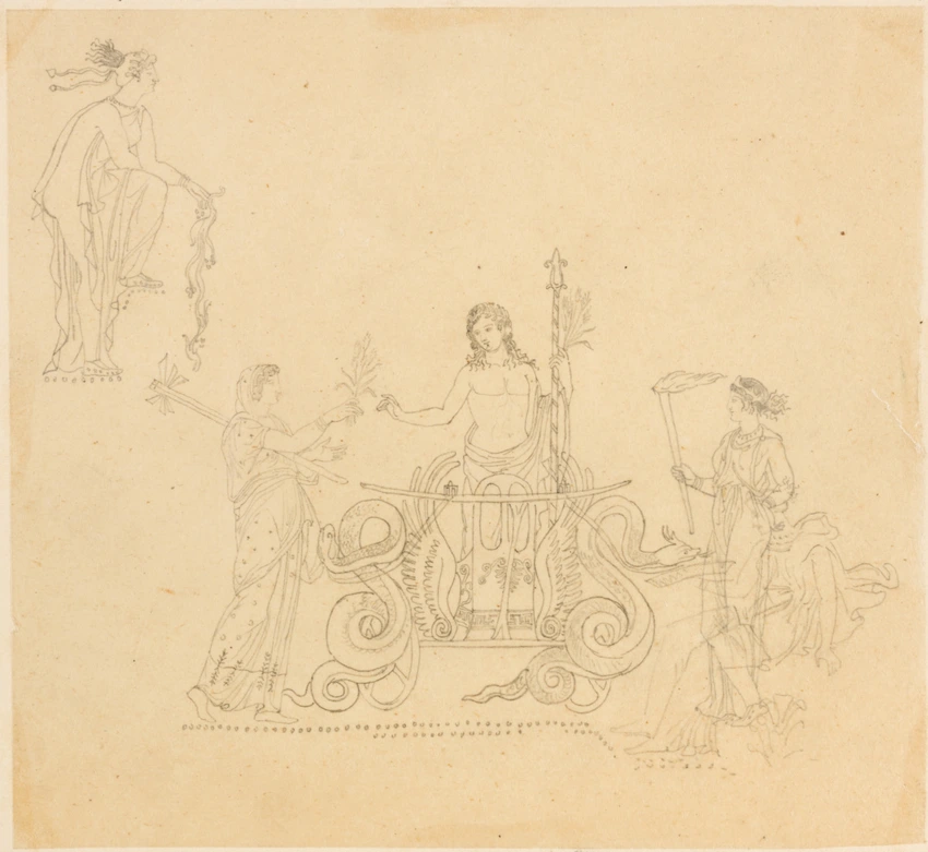 Etude de scène mythologique: figure à l'antique sur un char porté par des serpents entouré de figures féminines - Victor Baltard