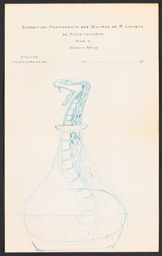 René Lalique - Carafe en forme de serpent (recto) ; Carafe et un vase avec un bo...