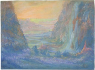 François Garas - Paysage de montagne avec cascade au soleil couchant