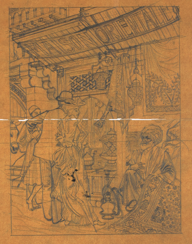 Eugène Grasset - Passants devant la vitrine d'une boutique, maison orientale