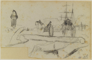 Paul Gauguin - Paysage avec bateau, deux voitures à chevaux, personnages et arbr...