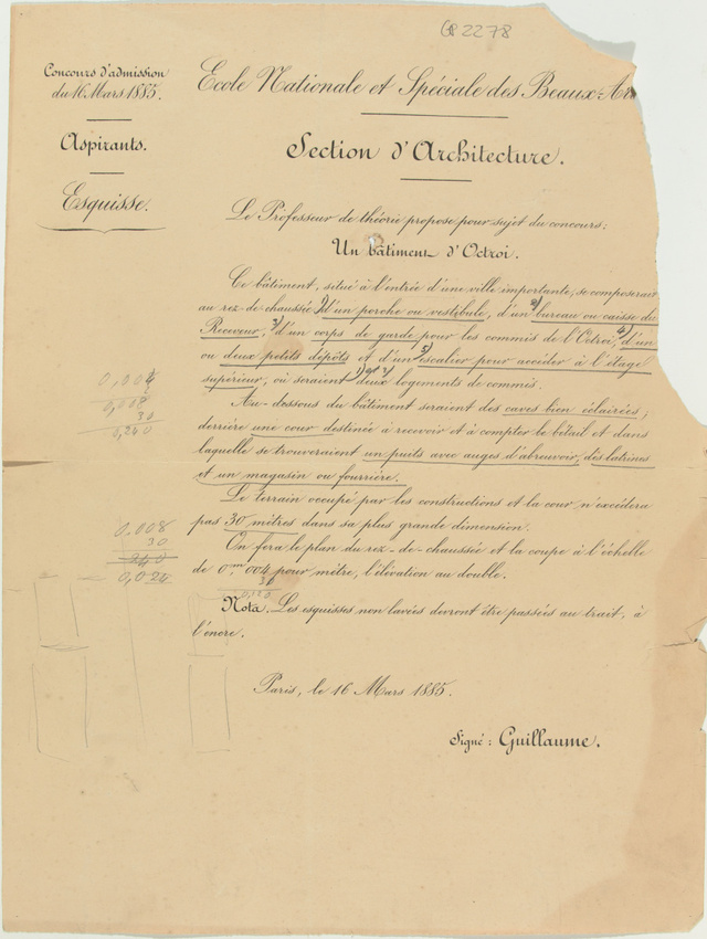 Edmond Guillaume - Texte de concours d'admission aux Beaux-Arts, un bâtiment d'o...