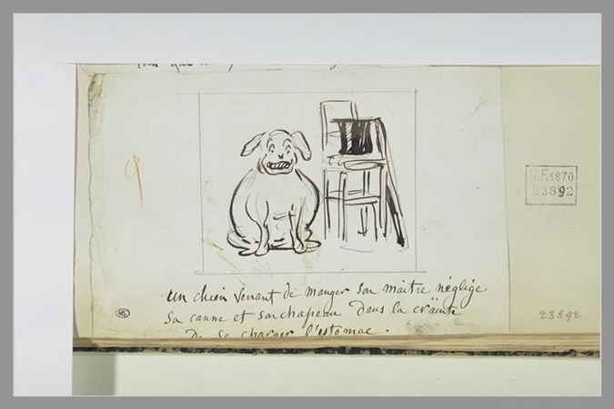 Cham - Caricature : un dogue obèse assis sur son arrière-train, auprès d'une cha...