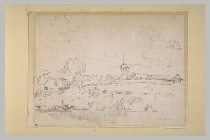 Jean-Charles Cazin - Paysage près d'un plan d'eau avec un moulin