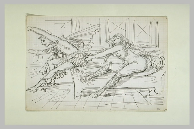 Gustave Boulanger - Femme nue sur un canapé retenant un homme par son pantalon