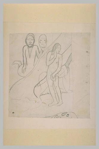 Paul Gauguin - Femme nue debout, et derrière un arbre, émerge un personnage