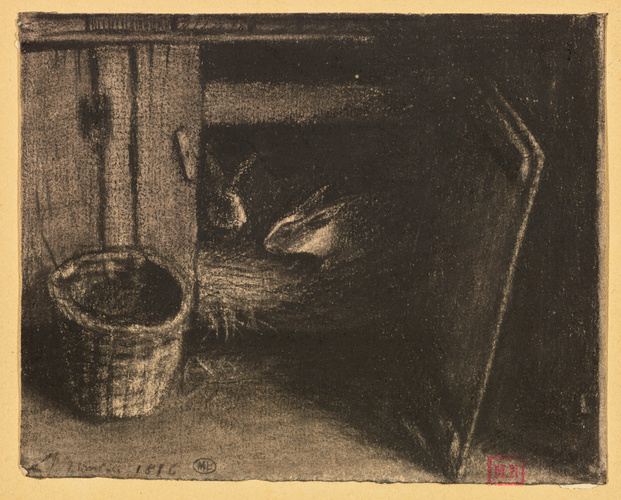 Léon Bonvin - Une cabane à lapins avec deux lapins