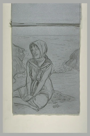 Jeune femme accroupie au bord de l'eau, pieds nus et foulard sur la tête - Georges Lacombe