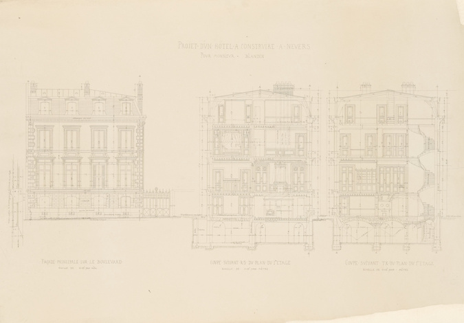 Louis Boitte - Hôtel de M. Blandin à Nevers, façade principale et deux coupes