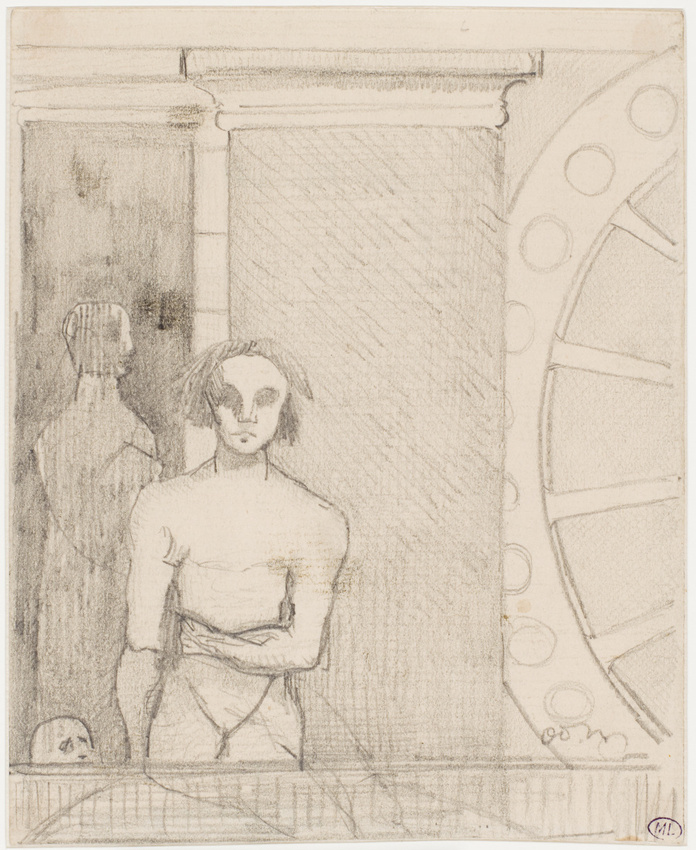 Odilon Redon - Homme nu, vu de face, devant un mur, et grande roue sur la droite