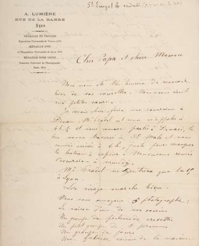 Auguste Lumière - Lettre manuscrite, à en-tête de l'atelier Lumière rue de la Ba...