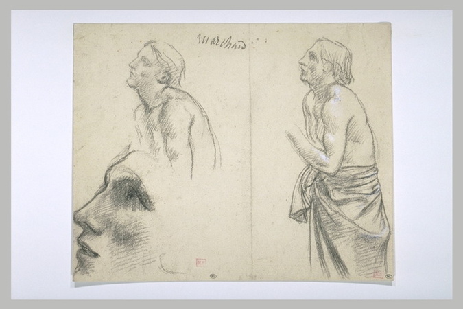 Pierre Puvis de Chavannes - Feuille d'études d'un homme à demi nu, de profil à g...