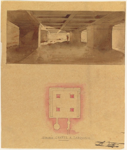 Louis Boitte - Italie étrusque, Tarquinia, vue intérieure et plan d'une crypte