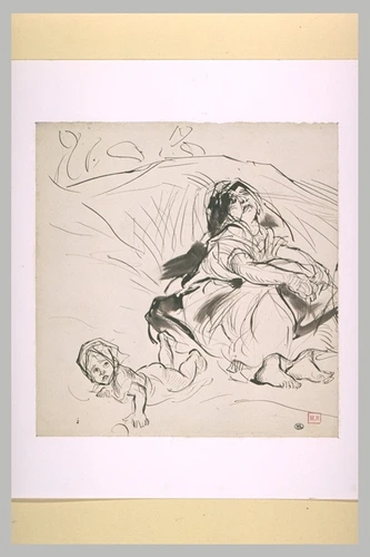 Alfred Dehodencq - Femme orientale, assise sur le sol, et enfant couché à plat v...