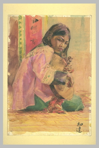 Marius Perret - Musicienne vietnamienne assise jouant du luth