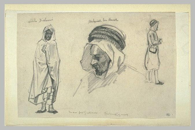 Guillaume Regamey - Arabe debout, drapé dans son burnou ; tête de trois quarts ;...