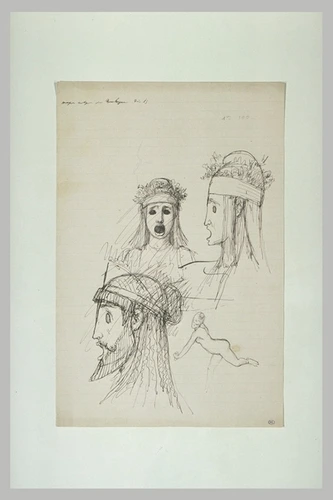 Gustave Boulanger - Etudes : trois têtes ornées de masques de théâtre antique et...
