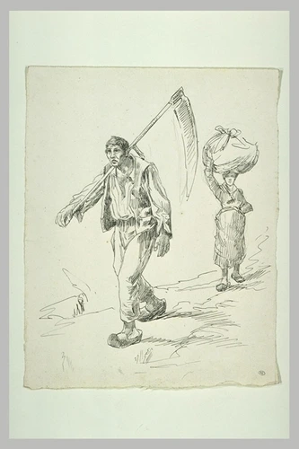 Paul Richer - Paysan portant une faux, marchant, et femme portant un ballot