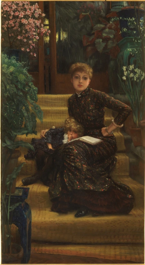 James Tissot - Mère et enfant assis sur le perron d'une maison de campagne