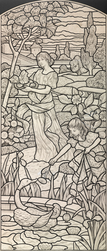 Léopold François Kowalsky - Une femme et un enfant dans un jardin au bord d'un b...