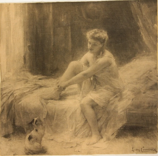 Anonyme - Jeune femme sur un lit en train de mettre son bas, par Léon Comerre