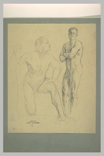 Elie Delaunay - Deux hommes nus, tenant des bâtons, l'un agenouillé, l'autre deb...