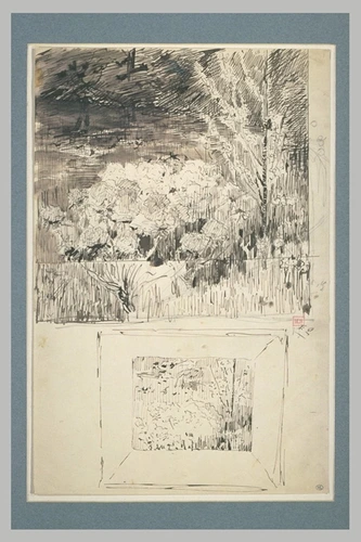 Ernest Quost - Massif de fleurs, arbrisseaux, et croquis d'un tableau avec son c...