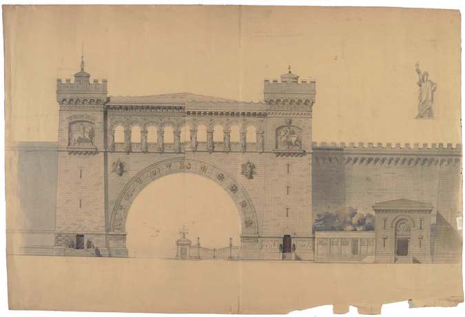 Gaston Redon - Porte de ville, élévation, projet assorti d'une esquisse au crayo...