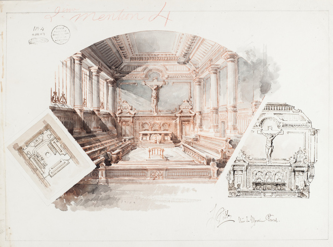 Louis Pille - Concours d'émulation, projet pour un tribunal, vue d'ensemble, élé...