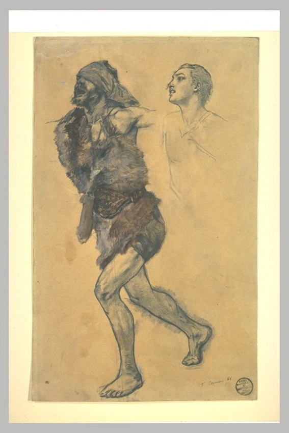 Fernand Cormon - Homme vêtu de peaux de bête, marchant, et figure de jeune homme