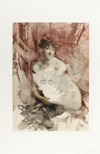 Femme à l'éventail, assise dans une loge : la comtesse de Rasti (?)