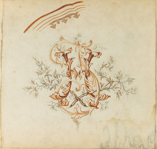 Emile Gallé - Chiffres H et J fleuronnés, esquisse de la bordure de l'assiette f...
