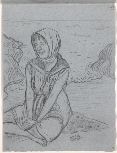 Georges Lacombe - Jeune femme accroupie au bord de l'eau, pieds nus et foulard s...