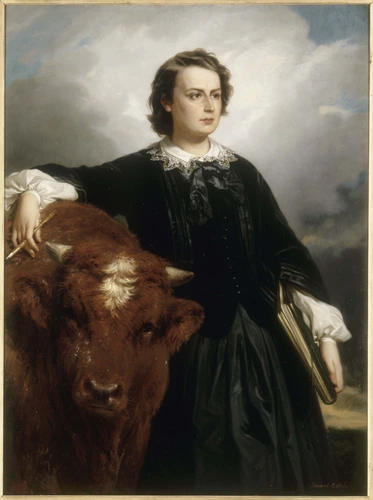 Edouard Dubufe - Portrait du peintre Rosa Bonheur aux côtés d'un bovidé