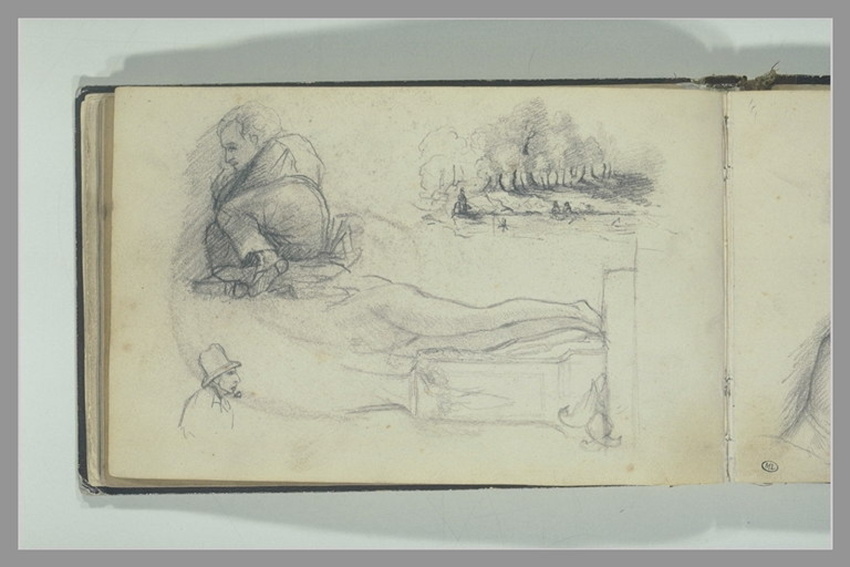 Gustave Courbet - Etudes d'un homme couché, vu en raccourci, de paysage, d'une f...