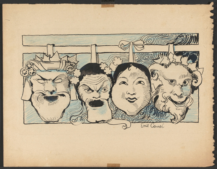 Emile Causé - Frise décorative de masques de théâtre dont un japonais