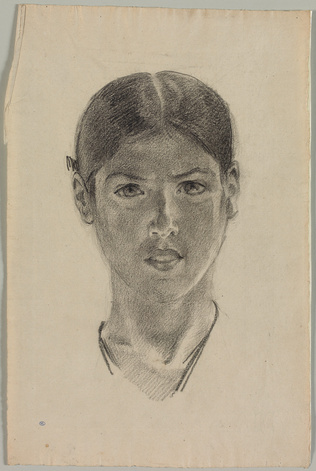 Marie Bracquemond - Tête de femme, de face, les cheveux coiffés en bandeaux
