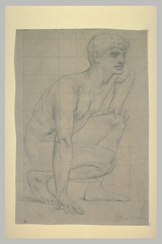 Luc Olivier Merson - Etude d'après le modèle, d'un homme nu, un genou à terre