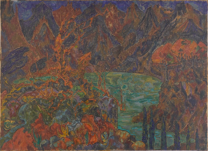 Burgsthal, Richard - Paysage fantastique, cirque de montagnes avec lac