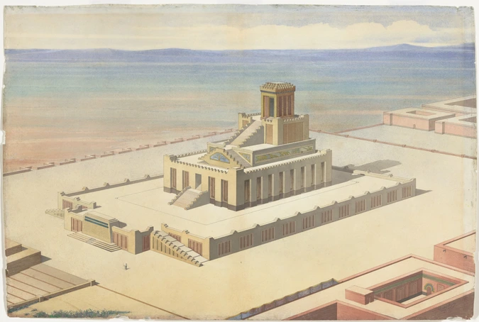 Charles Chipiez - Restauration des tours à étages de l'Assyrie. Vue perspective ...