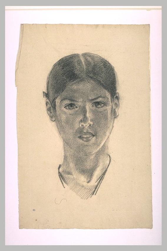 Marie Bracquemond - Tête de femme, de face, les cheveux coiffés en bandeaux
