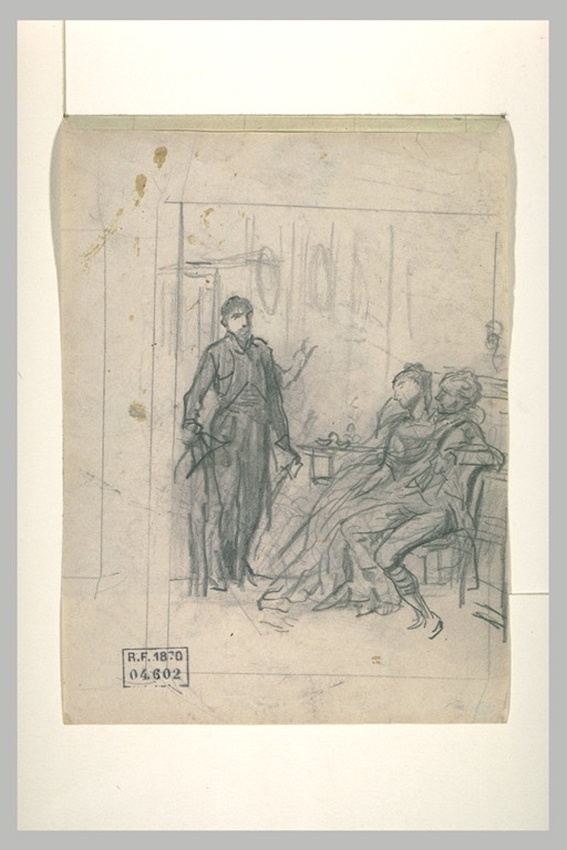 Auguste Andrieux - Homme debout devant un couple enlacé assis