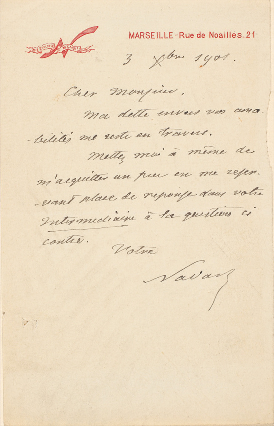 Nadar - Mot de Nadar sur son papier à lette "N quand même - Marseille, rue de No...